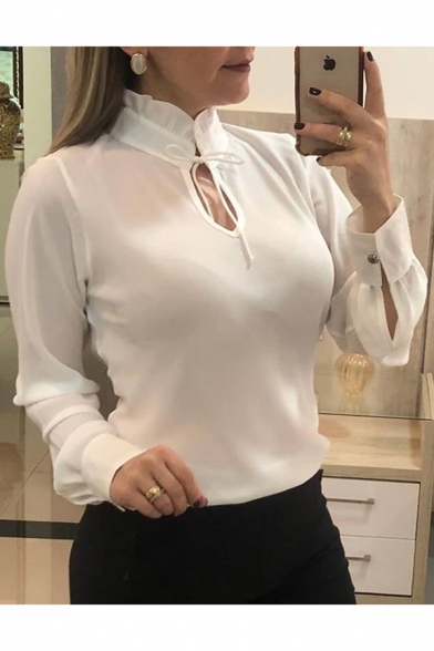 Fashion Plain Cutout Tied Stand Collar Long Sleeve Chiffon Blouse Top for Women