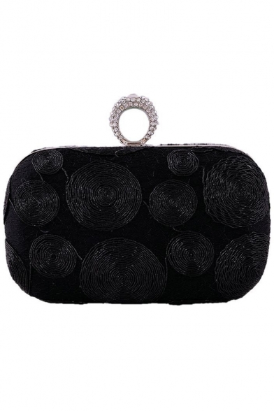 Fashion Polka Dot Embroidery Pattern Rhinestone Ring Buckle Black Evening Clutch 16*9*5 CM