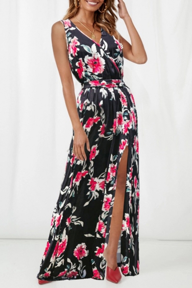 Fashion Sexy V-Neck Sleeveless Floral Printed Bow-Tied Waist Split Hem Floor Length Tank Dress