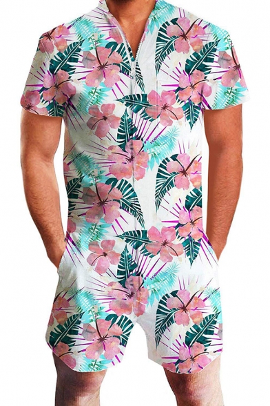 Fashion Summer Tropical Pineapple Plants Pattern Zipper Front Short Sleeve Beach Rompers Shorts