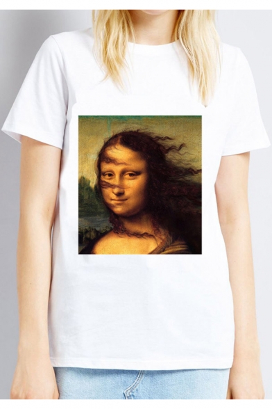 Funny Mona Lisa Pattern Round Neck Short Sleeve Relaxed Fit White Tee