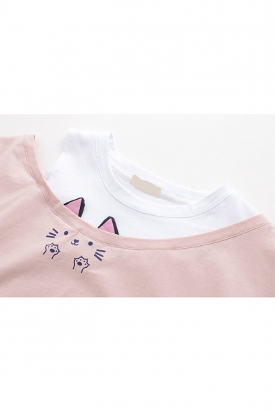 Girls Cute Cat Embroidery Round Neck Cold Shoulder Tassel Short Sleeve Patched Casual T-Shirt