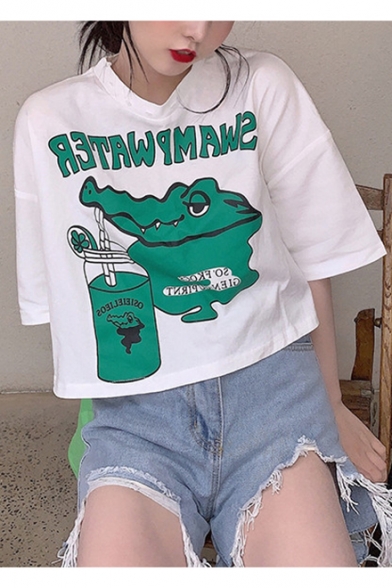 Girls Funny Cartoon Frog Printed Round Neck Short Sleeve Cotton Loose Tee