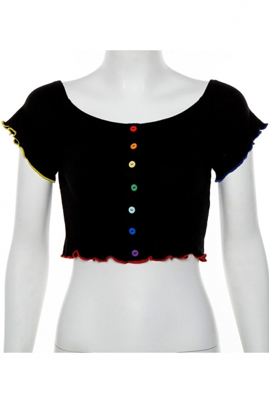 Girls Summer Cute Stringy Selvedge Trim Off the Shoulder Colorful Button Down Black Crop Tee