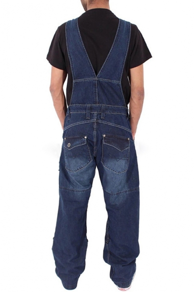 Guys Cool Bleached Washed Blue Casual Loose Baggy Denim Bib Overalls