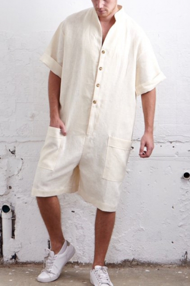 Guys Fashion Solid Color Button Front Stand Collar Loose Baggy Linen Rompers Shorts