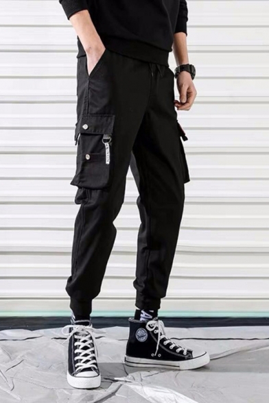 Guys Street Fashion Simple Plain Black Fitted Cargo Pants