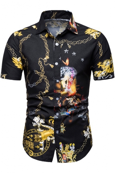 Guys Summer Cool Gold Chain Pattern Short Sleeve Button Down Black Shirt
