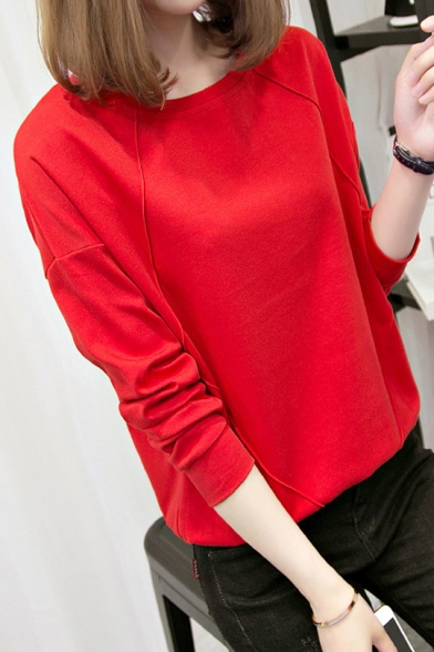 Hot Fashion Round Neck Long Sleeve Solid Color Casual Pullover Sweatshirt