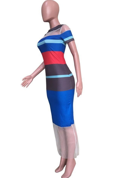 Hot Fashion Round Neck Short Sleeve Stripes Printed Mesh Patch Bodycon Maxi Dress