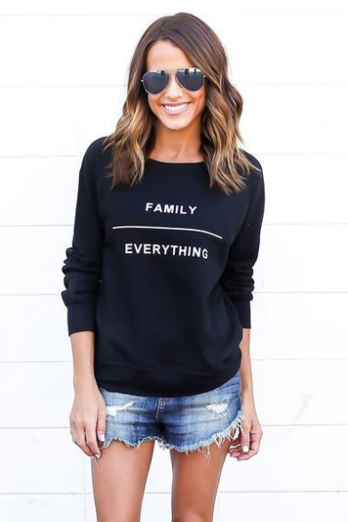 Hot Simple FAMILY EVERYTHING Letter Print Round Neck Long Sleeve Slim Fit Black Sweatshirt