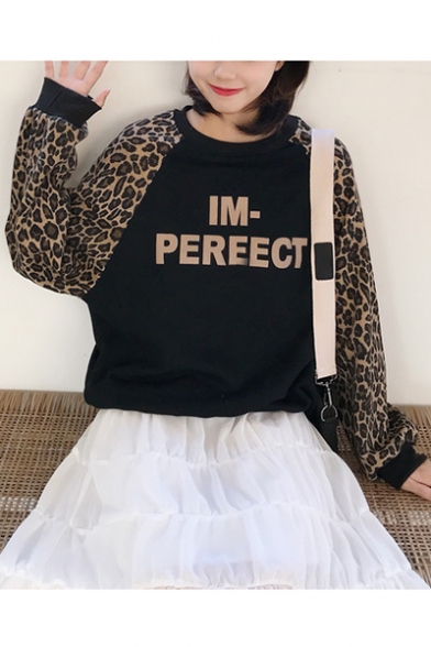 IM-PEREECT Letter Print Leopard Patched Long Sleeve Round Neck Loose Fit Pullover Sweatshirt for Women