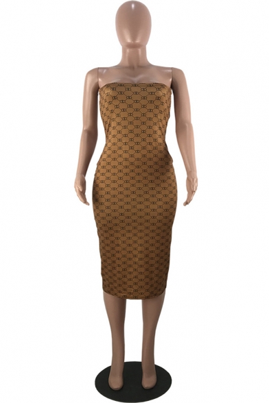 Khaki Off the Shoulder Sleeveless Geometric Print Midi Bodycon Dress