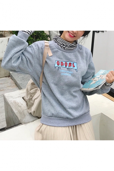 Letter Print Contrast Trim Stripes High Neck Long Sleeve Fake Two Pieces Pullover Sweatshirt for Girls
