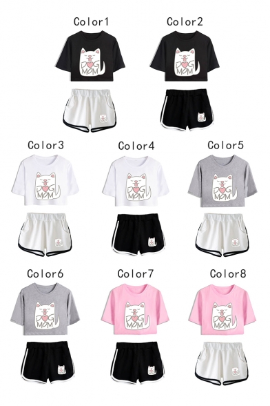 Lovely Cartoon Cat Letter DOG MOM Print Short Sleeve Crop Tee with Sport Dolphin Shorts Two-Piece Set
