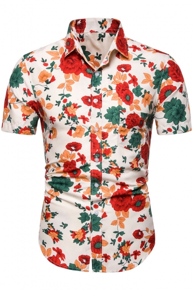 Men's Summer Fashion Rose Floral Printed Basic Short Sleeve White Slim Shirt