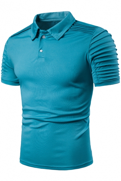 Mens Stylish Simple Solid Color Double-Button Front Pleated Short Sleeve Slim Polo Shirt