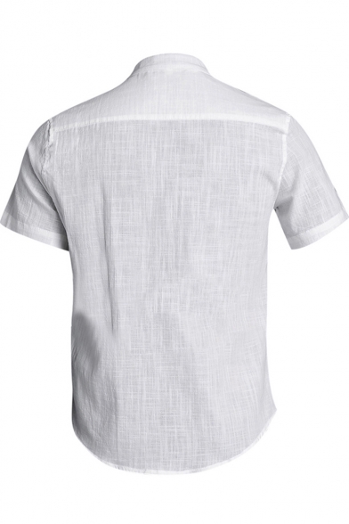Mens Summer Trendy Stand Collar Four-Button Front Short Sleeve Casual Linen Shirt