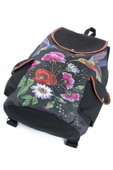 National Style Floral Birds Printed Black Drawstring School Backpack with Side Pockets 28*11*39 CM