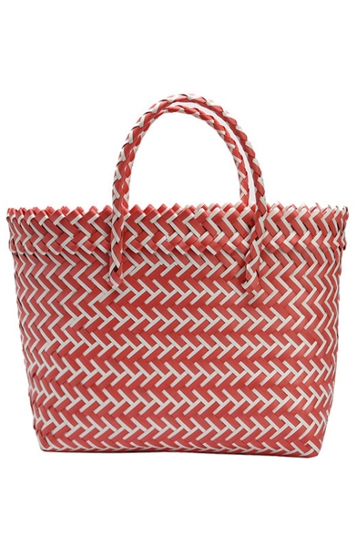 New Fashion Color Block Woven Beach Bag Tote for Women 28*10*24 CM