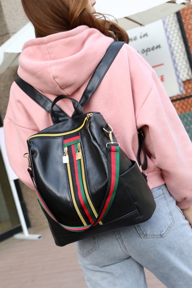 New Stylish Colorblock Stripe Patchwork Black Soft PU Leather Mummy Shoulder Bag Backpack 32*30*13 CM