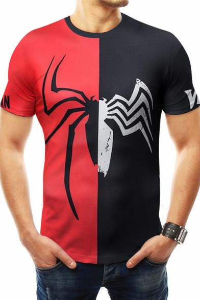 New Stylish Cool Black and White Spider Print Red and Black Slim Tee for Men