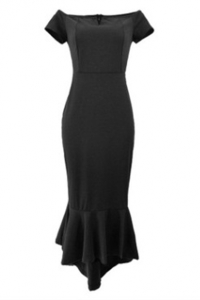 New Stylish Off The Shoulder Plain Fishtail Hem Maxi Bodycon Dress For Women