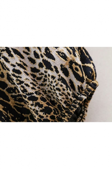 New Stylish Women's Leopard Print Round Neck Long Sleeve Elastic Hem Slim Fit Khaki Sweatshirt