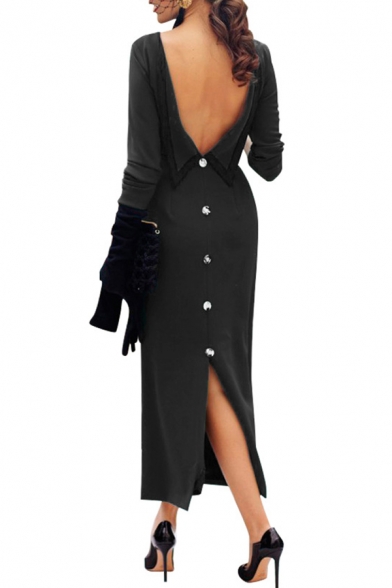 New Trendy Simple Plain Round Neck Long Sleeve Backless Button Down Back Maxi Sheath Dress