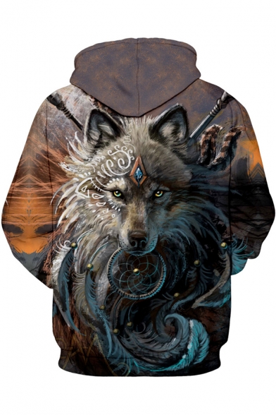 Popular 3D Wolf Printed Drawstring Hood Long Sleeve Dark Gray Unisex Hoodie