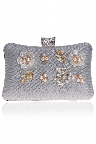 Popular Fashion Pearl Floral Embellishment Rhinestone Buckle Evening Clutch Bag 20*6*12 CM