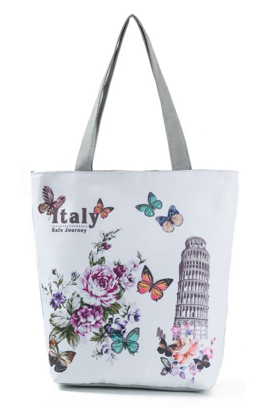 Popular Floral Butterfly Building Printed White Shoulder Bag 27*11*38 CM