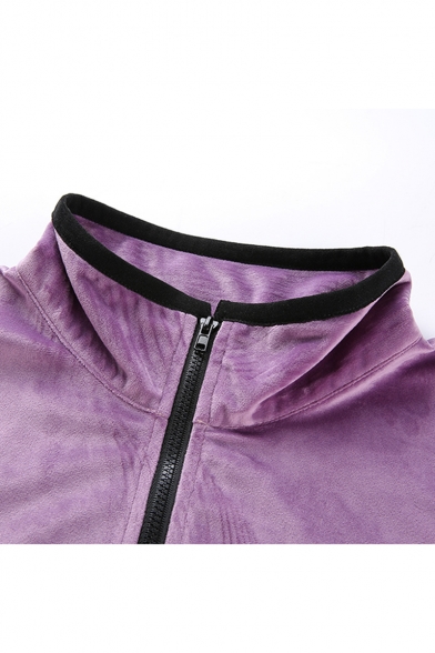 Purple High Neck Long Sleeve Plain Zip Patched Drawstring Velvet Cropped Sweatshirt