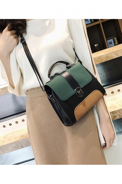 Stylish Color Block PU Leather Top Handle Satchel Shoulder Bag 21*6*9 CM