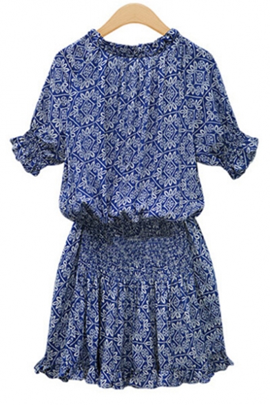 Summer Chic Blue Floral Pattern V-Neck Short Sleeve Button Front Mini Cotton Dress