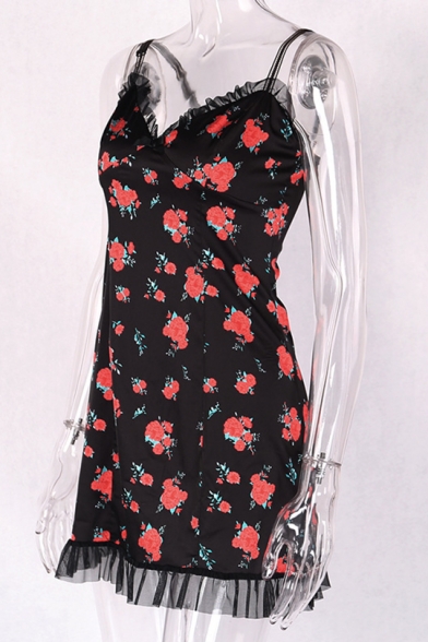 Summer Chic Floral Pattern Mesh Panel V-Neck Mini Black Strap Dress for Girls