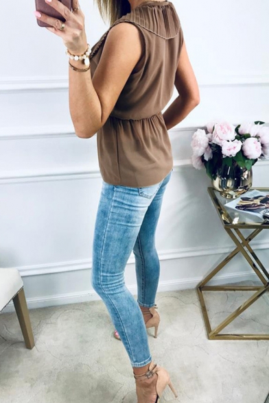Summer Chic Flutter Tied Plunging V-Neck Sleeveless Brown Chiffon Blouse Top