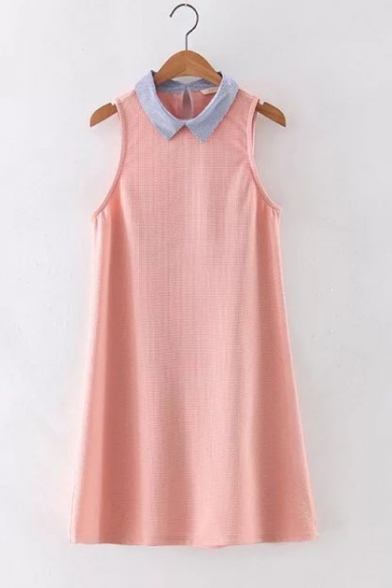 Summer Fashion Lapel Collar Sleeveless Simple Plain Poplin Mini Swing Dress