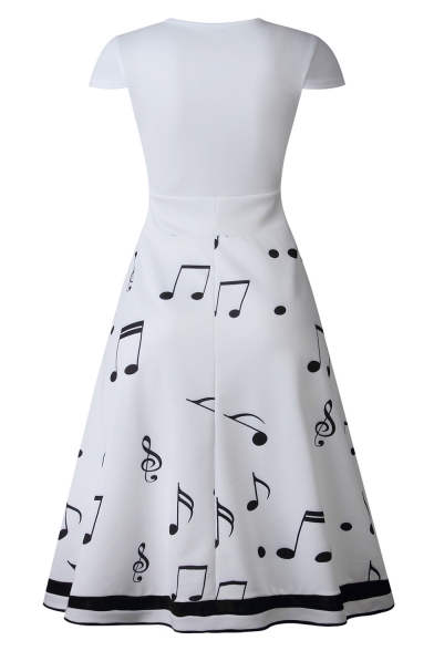 Summer Fashion Musical Symbol Print Round Neck Short Sleeve Midi T-Shirt A-Line White Dress