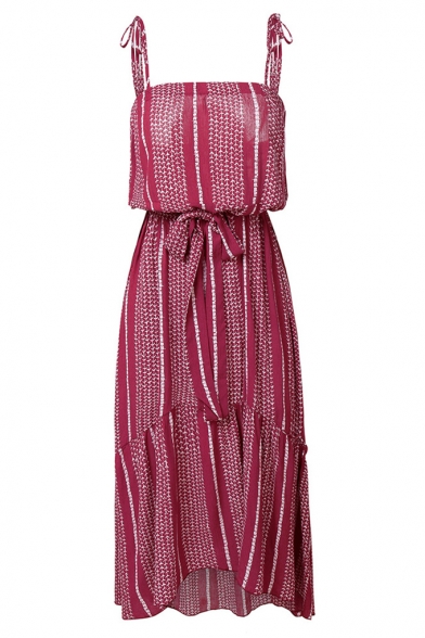 Summer Fashion Square Neck Bow Sleeveless Printed Ruffle Hem Midi Beach Boho Dress