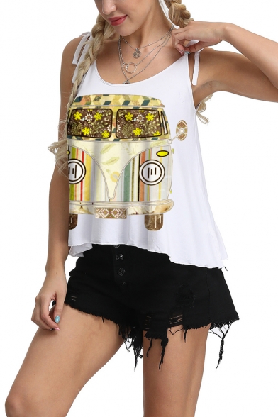 Summer Girls Stylish Bus Printed Tied Straps White Casual Loose Cami Top