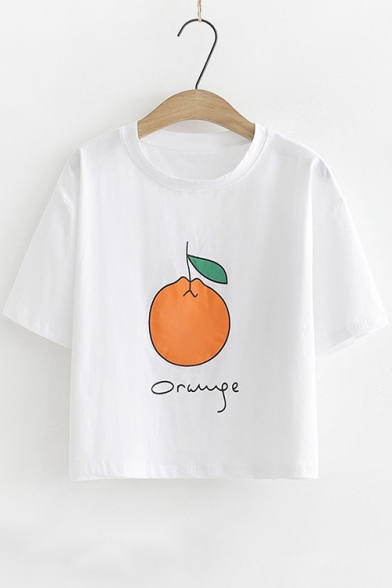 Summer Lovely Cartoon Orange Print Basic Round Neck Loose Fit Cropped T-Shirt