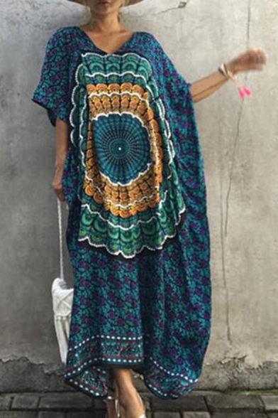 Summer Trendy Bohemian Pattern V-Neck Short Sleeve Holiday Beach Maxi Kaftan Dress