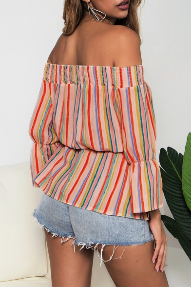 Summer Trendy Rainbow Striped Printed Sexy Off the Shoulder Blouse Top