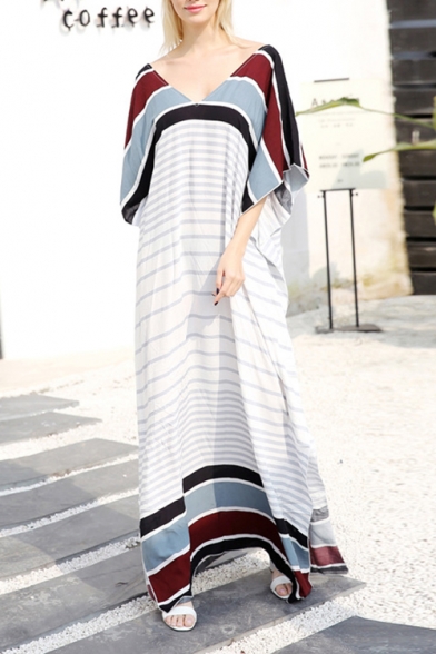 Summer Womens Hot Popular V-Neck Striped Pattern Maxi Casual Loose Kaftan Dress