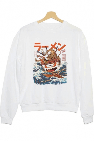 The Great Ramen Wave Printed Round Neck Long Sleeve White Casual Sweatshirt