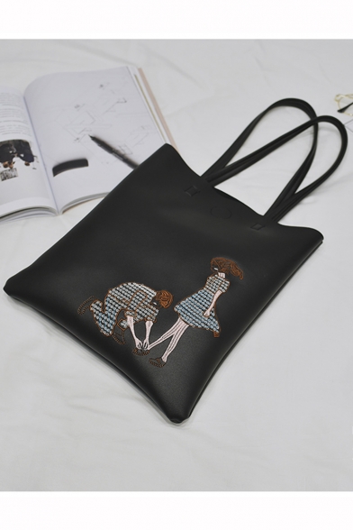 Trendy Character Embroidery Pattern PU Leather Shoulder Bag 30*34*1 CM