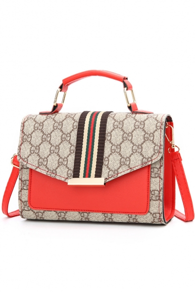 Trendy Color Block Stripe Patched Printed Red PU Leather Crossbody Satchel Bag 20*7*14 CM