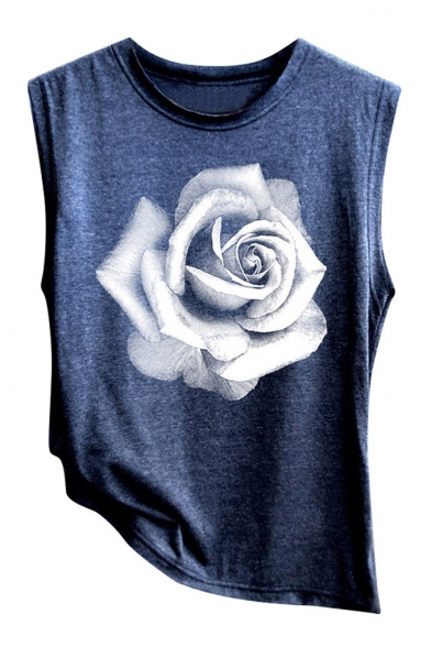 Trendy Rose Floral Pattern Round Neck Sleeveless Casual Relaxed Tank Top