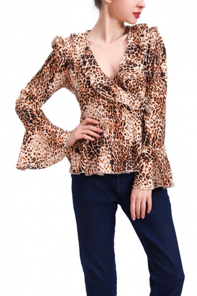 Trendy Ruffled Surplice V-Neck Flared Long Sleeve Leopard Print Blouse